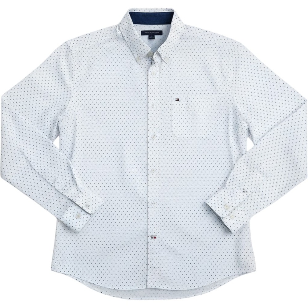 Tommy Hilfiger Mens L White Navy Star Print 80s 2-Ply Cotton Button Down Shirt